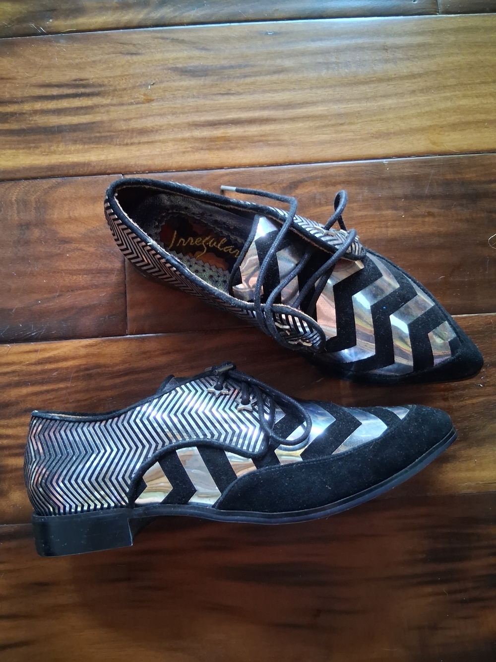 Irregular Choice Black & Silver Chevron Lace-Up Flats with Pointed Toe